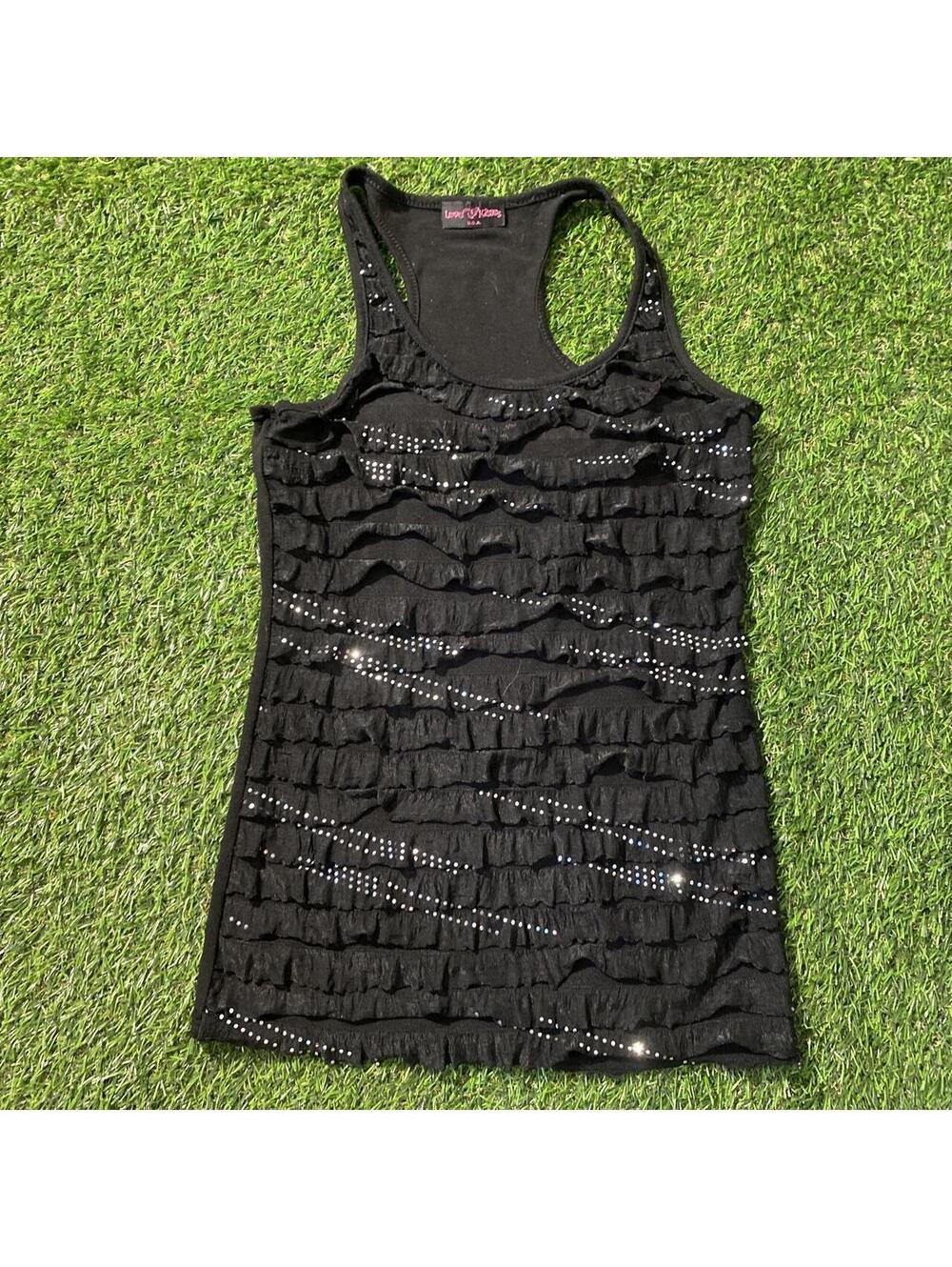 Vintage Y2K Love Kisses Black ruffle tank top with rhinestones